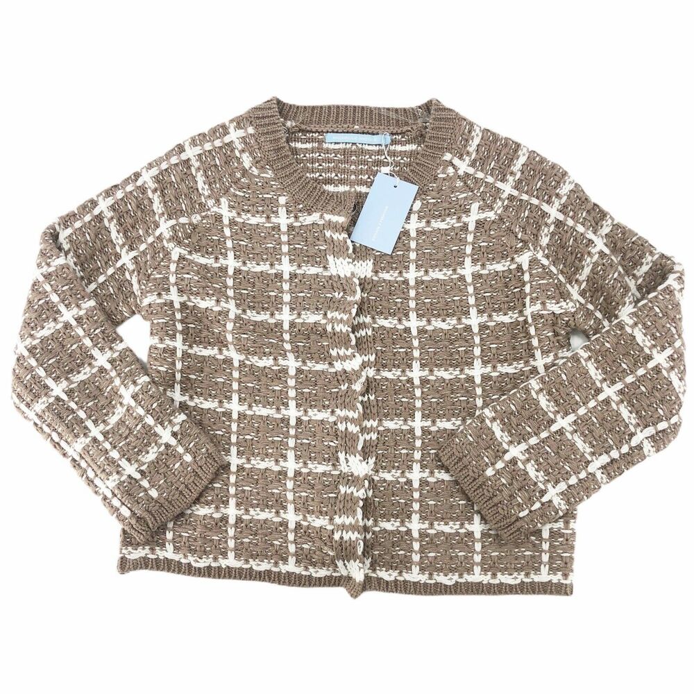 Michelle Nicole Cardigan Sweater Size M Brown Big Plaid Snap Front Jacket SNAGS